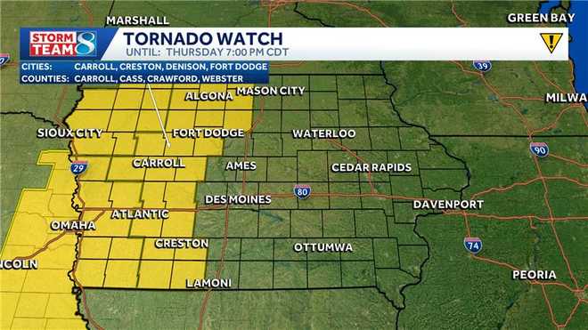 Gran parte de la mitad occidental de Iowa está bajo vigilancia de tornado hasta las 7 p.m. del jueves 23 de abril de 2026.