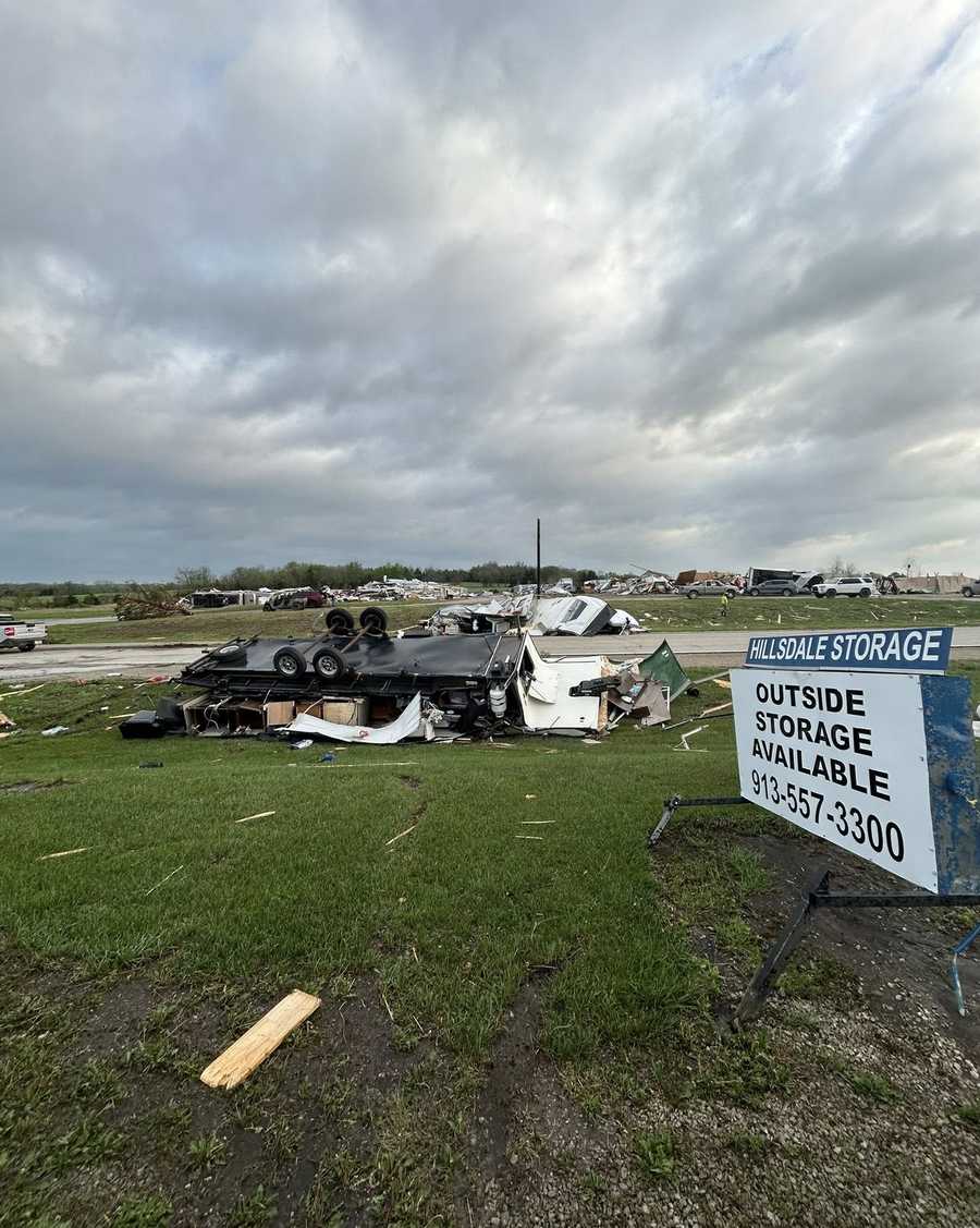 Damage is at Hillsdale Storage in Hillsdale, Kansas, after April 13, 2026, tornado-warned storms.