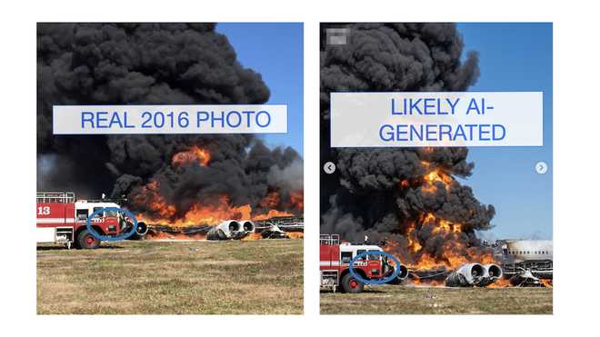 Screenshots of a real 2016 image from KUAM-TV News and a likely AI-generated image from an Instagram post