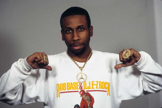 Rapper Rob Base (aka Robert Ginyard) appears in a portrait with his likeness on a sweatshirt on Jan. 9, 1989, in New York City.