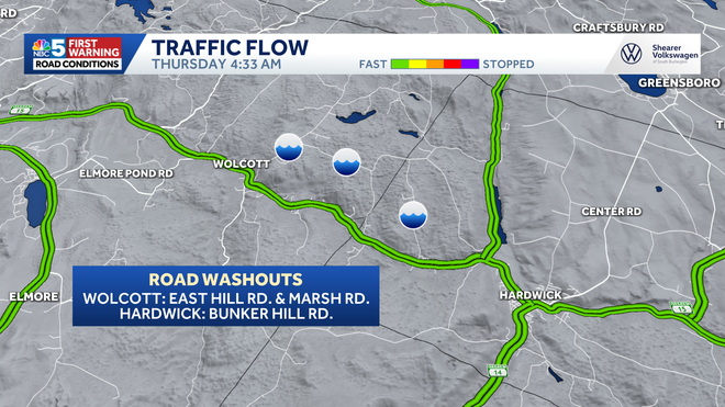 Road washouts in northern Vermont early Thursday.