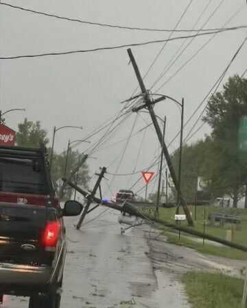 Damage is seen in Slater, Missouri, after tornado-warned storms early on April 27, 2026.