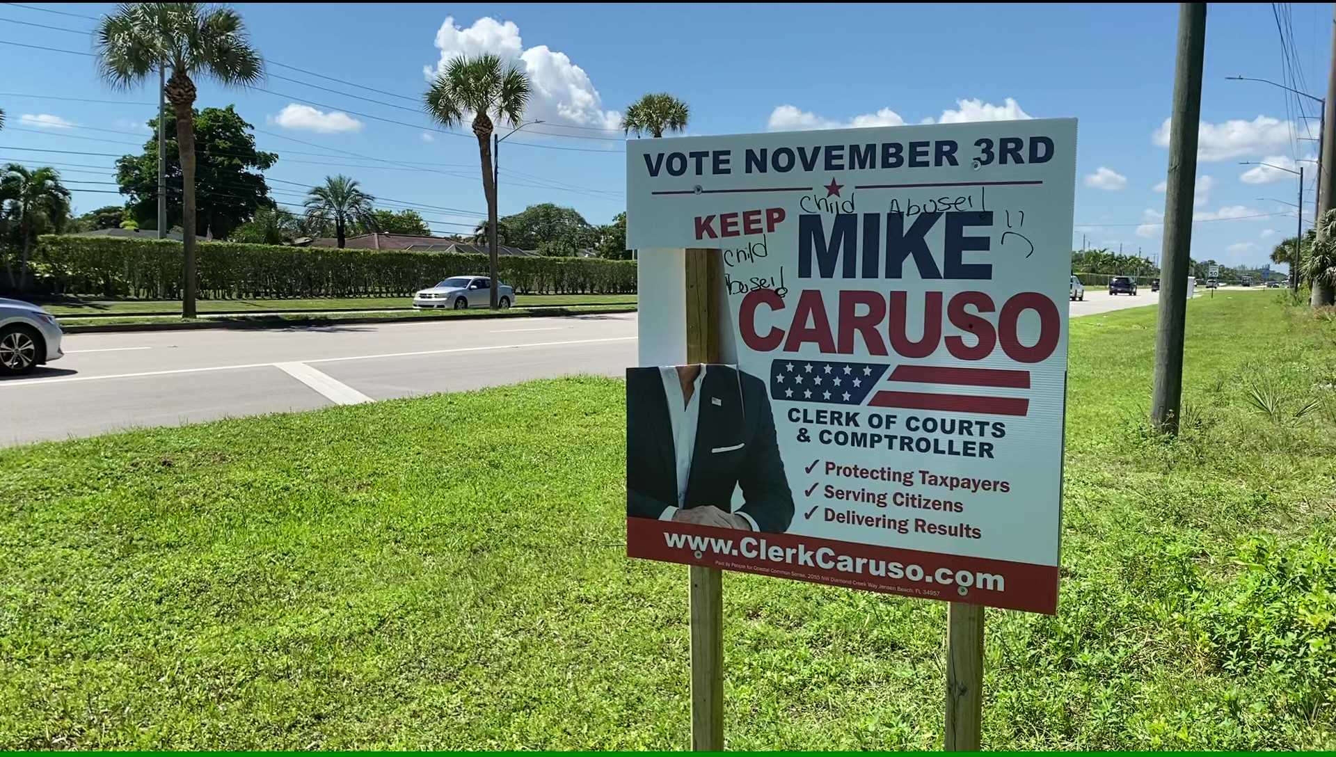 Suspended Palm Beach County Clerk of Courts Mike Caruso’s campaign sign damaged after arrest