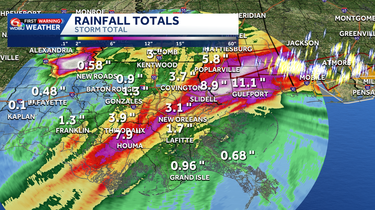 Rainfall totals across southeast Louisiana and south Mississippi