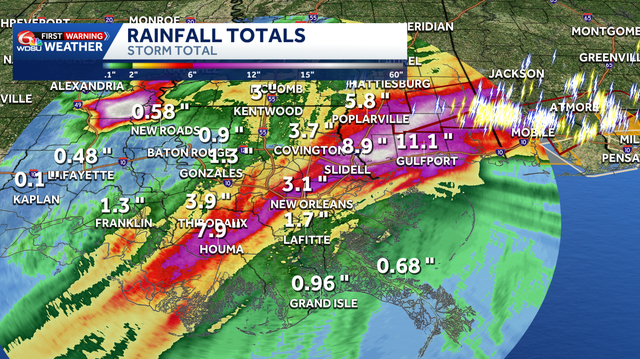 Rainfall totals across southeast Louisiana and south Mississippi