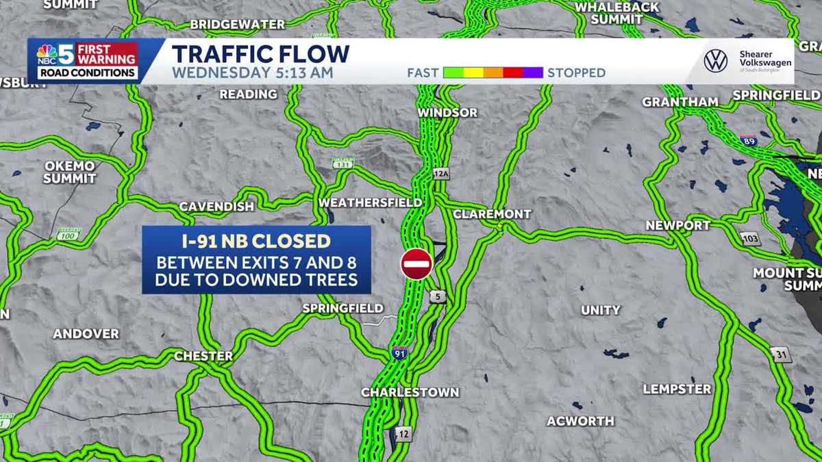 Downed trees block section of I-91 northbound