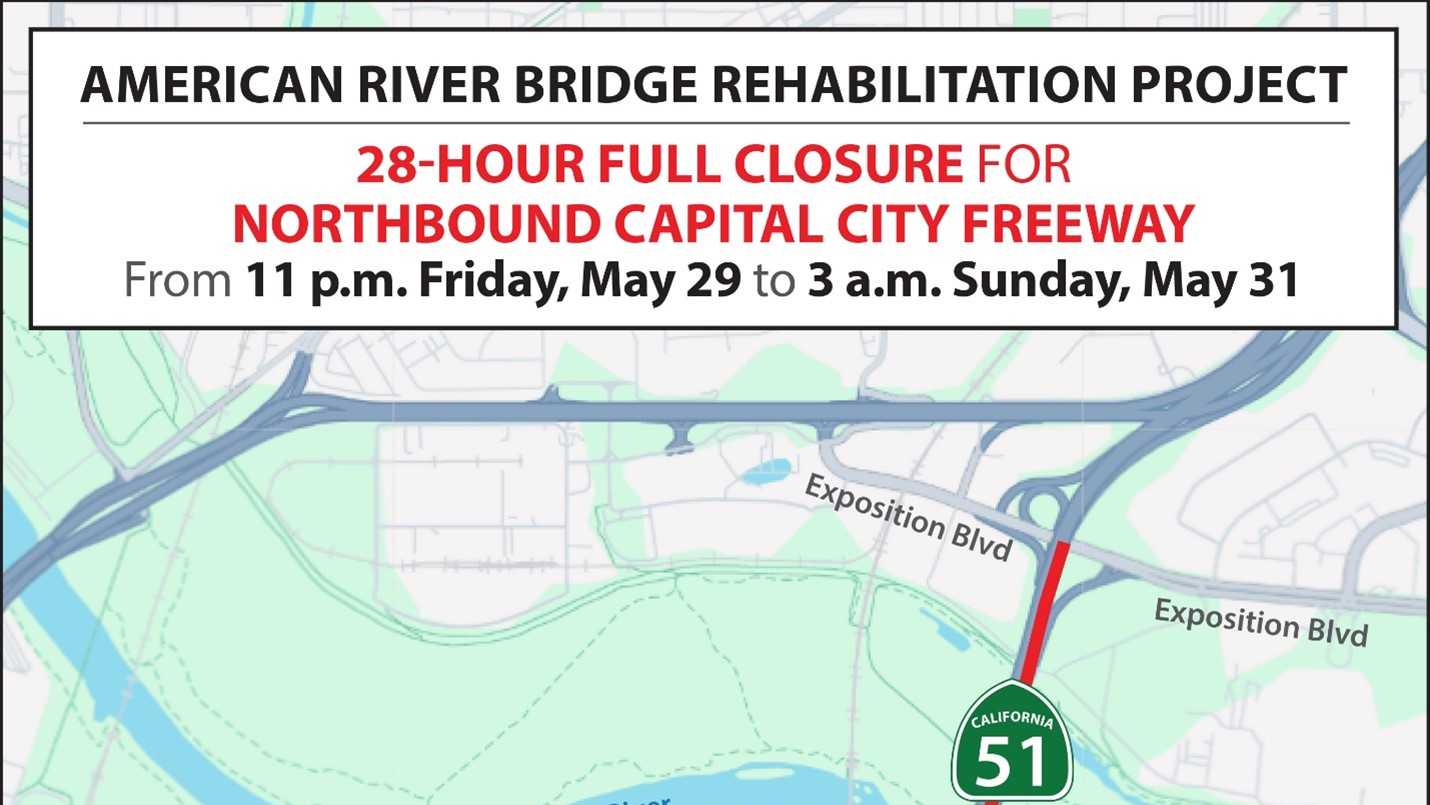 Caltrans to close northbound Capital City Freeway for 28 hours during American River Bridge work