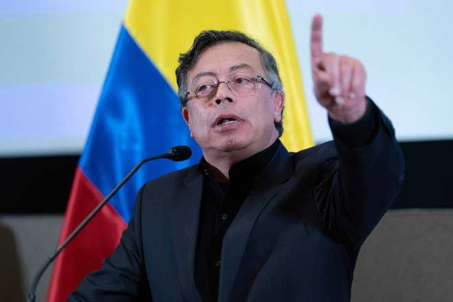 FILE - Colombia's President Gustavo Petro speaks during a news conference at the Colombian embassy in Washington, Feb. 3, 2026.