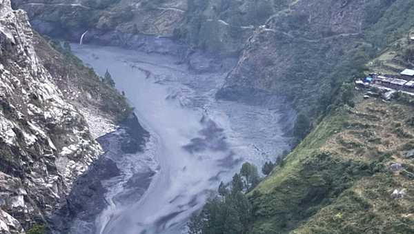 In this photo provided by the Nepal Army, Budhi Gandaki river in north central Nepal is seen in spate, Sunday, Oct. 11, 2026. (Nepal Army via AP)