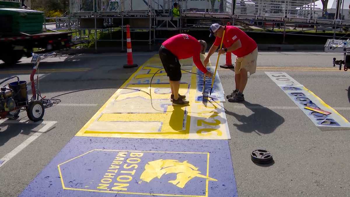 Historic start line gets fresh paint before 130th Boston Marathon