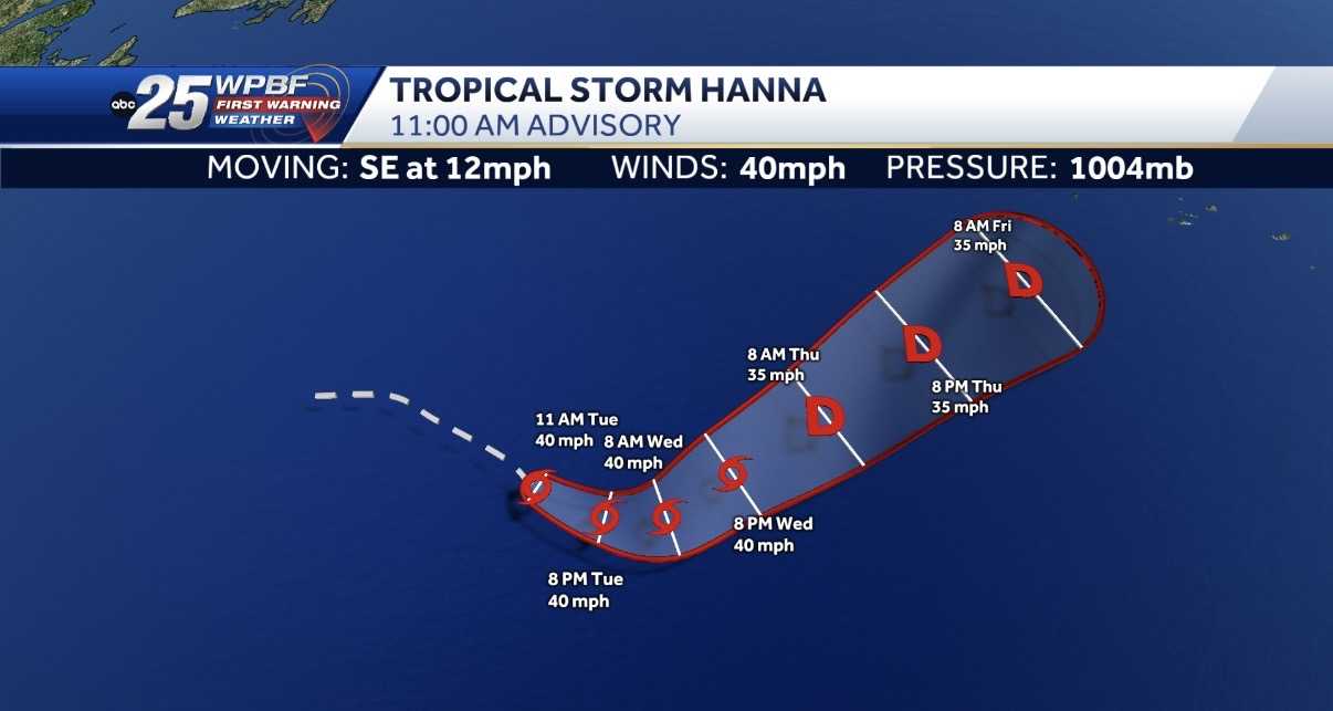 Hanna becomes slightly weaker in the central subtropical Atlantic