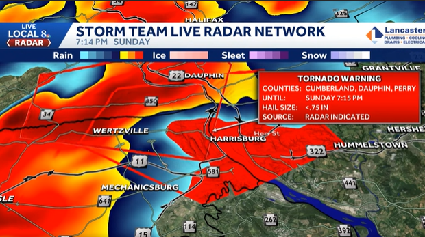 Tornado Warning Issued for Cumberland Dauphin and Perry Counties