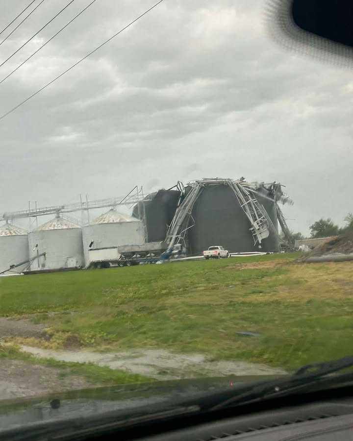 Damage is seen in Slater, Missouri, after tornado-warned storms early on April 27, 2026.