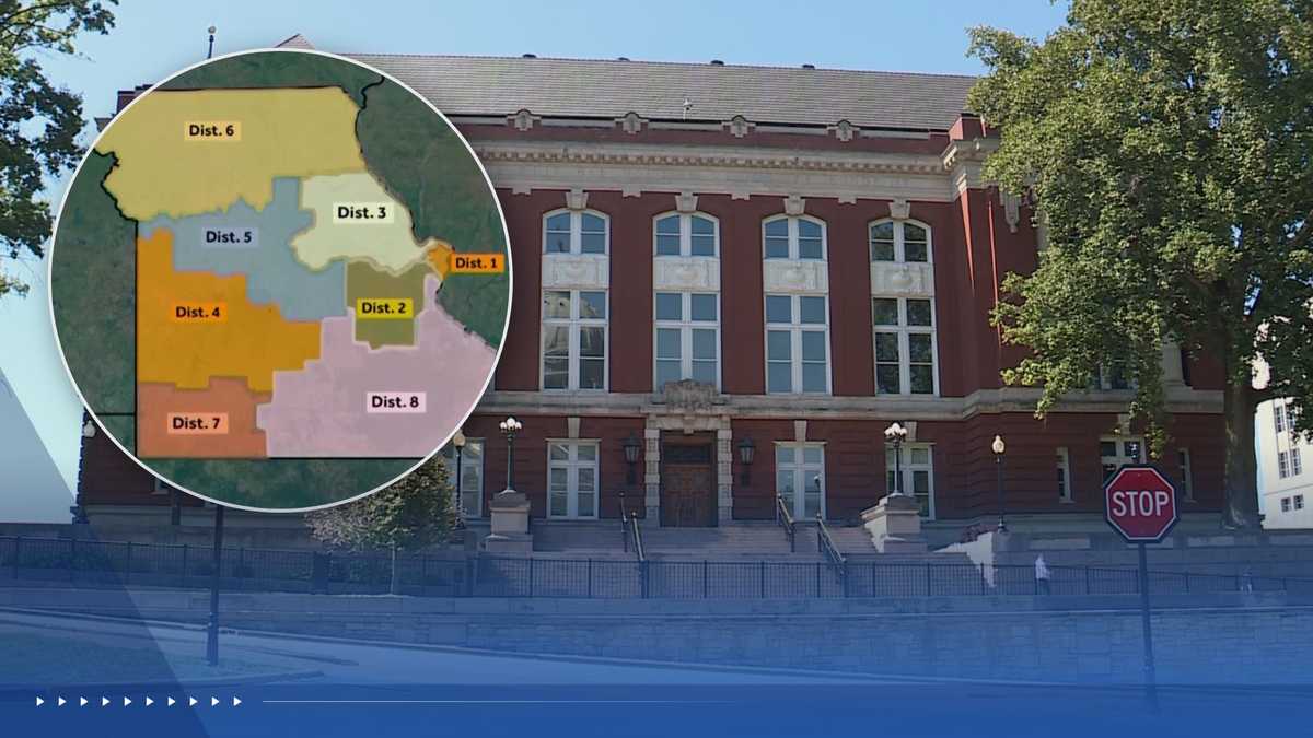 The Missouri Supreme Court is shown next to a photo of the redrawn congressional map