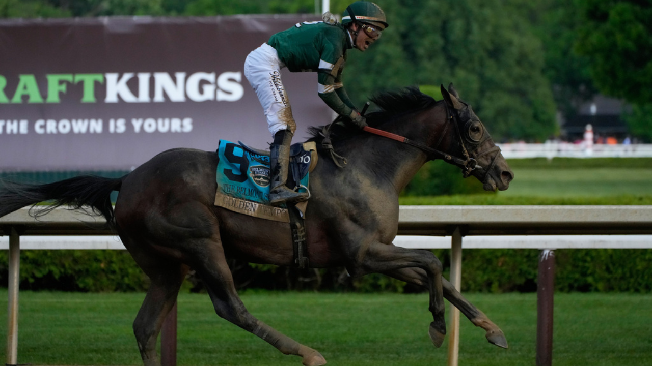 Kentucky Derby winner Golden Tempo wins Belmont Stakes