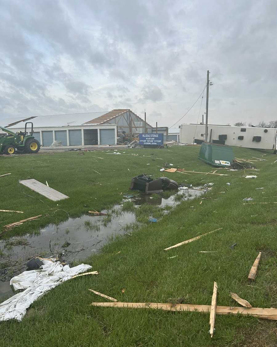 Damage is seen in Hillsdale, Kansas, after a tornado-warned storm on April 13, 2026.