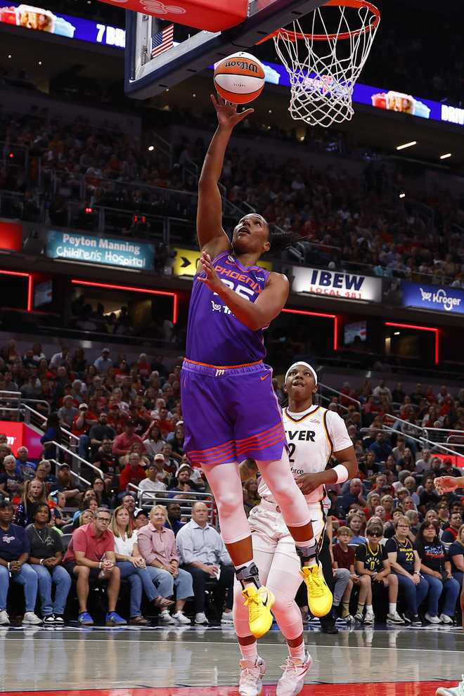 Phoenix Mercury forward Alyssa Thomas (25) goes up with her shot from the lane in the first half of play during a WNBA game between the Phoenix Mercury and the Indiana Fever on June 24, 2026, at Gainbridge Fieldhouse in Indianapolis, IN.