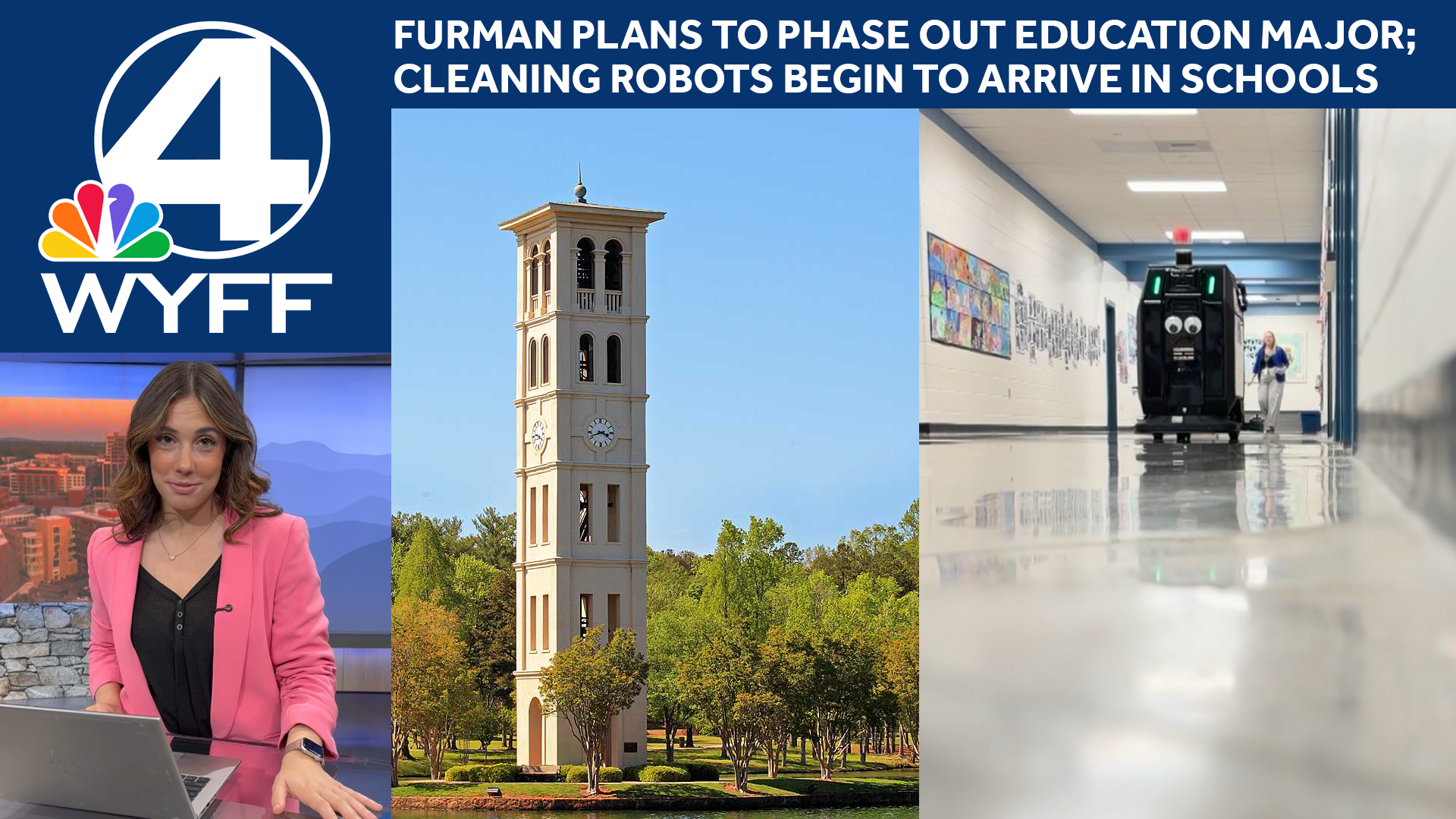 4 in 4: Greenville County Schools hires cleaning robots + Furman plans to phase out Education major