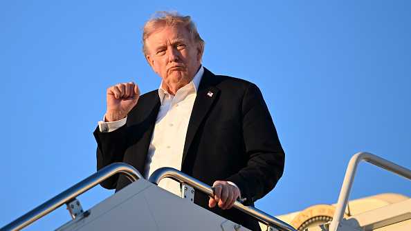 JOINT BASE ANDREWS, MARYLAND - MAY 3: U.S. President Donald Trump disembarks from Air Force One upon arrival from Miami on May 3, 2026 at Joint Base Andrews, Florida. Trump spent the weekend at his Mar-a-Lago resort in Doral, Florida.  (Photo by Roberto Schmidt/Getty Images)