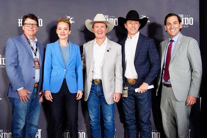 NEW ORLEANS, LOUISIANA - APRIL 10: (L-R) Greater New Orleans Sports Foundation's Jay Cicero, New Orleans Mayor Helena Moreno, Louisiana Governor Jeff Landry, Hondo Rodeo Fest CEO James Trawick and New Orleans & Company CEO Walt Leger attend the Hondo Rodeo Kick-Off Press Conference at Caesars Superdome on April 10, 2026 in New Orleans, Louisiana. (Photo by Erika Goldring/Getty Images)