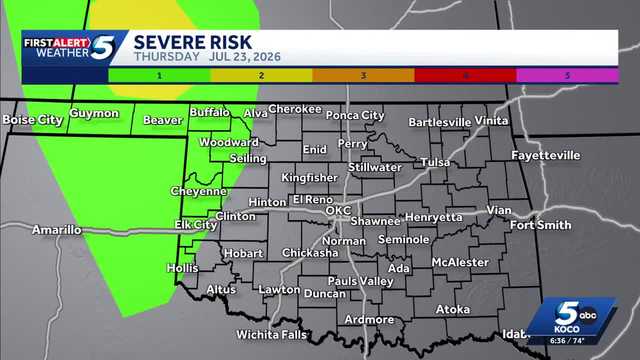 TIMELINE: Parts of Oklahoma under low risk for severe storms with damaging wind Thursday