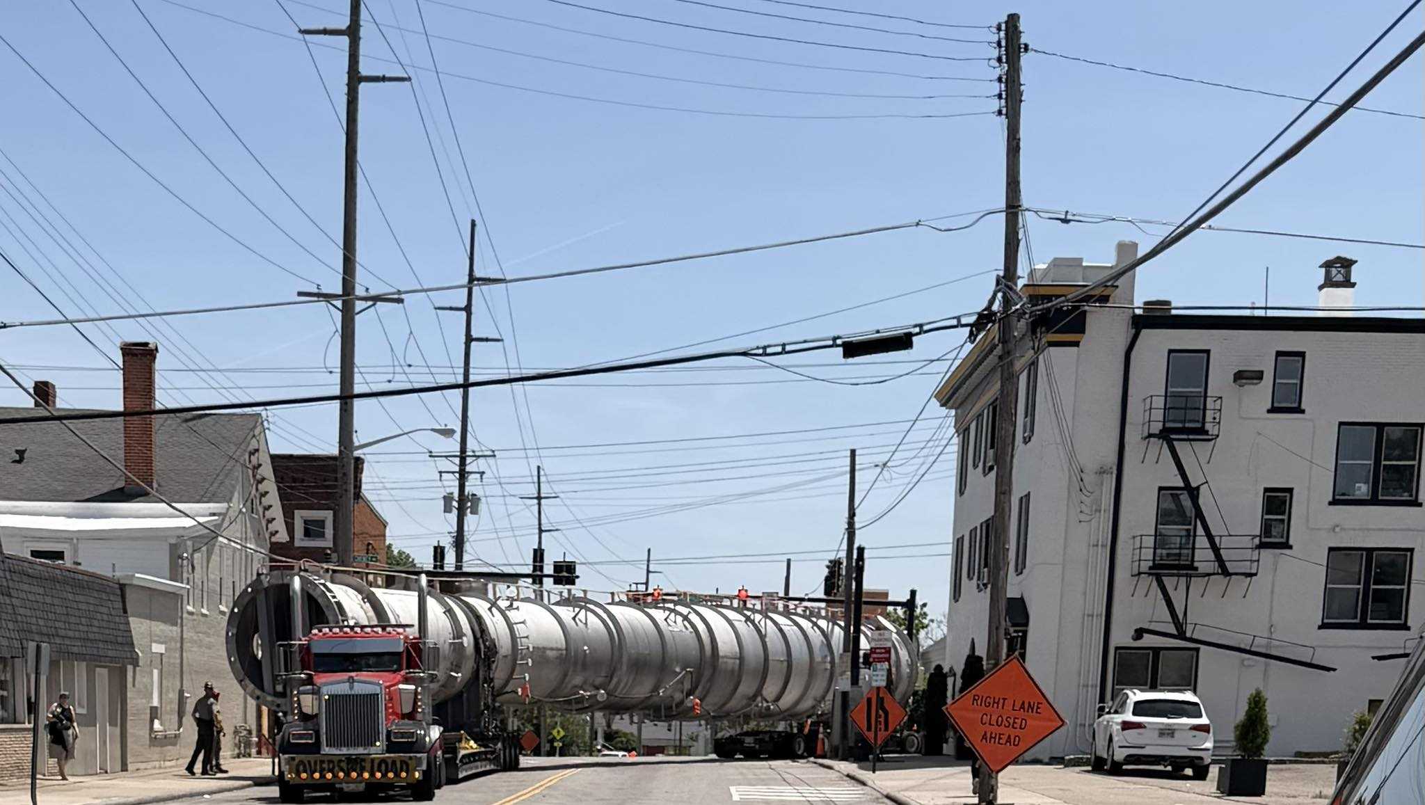 Semi carrying oversized load gets stuck at Mt. Healthy intersection