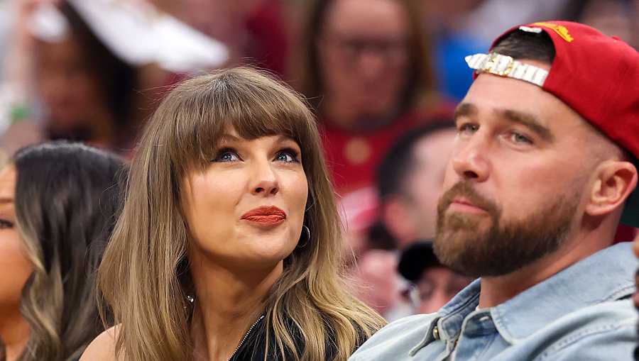 CLEVELAND, OHIO - MAY 23: (L-R) Singer Taylor Swift and Travis Kelce of the Kansas City Chiefs attend Game Three between the New York Knicks and the Cleveland Cavaliers in the NBA Eastern Conference Finals at Rocket Arena on May 23, 2026 in Cleveland, Ohio. NOTE TO USER: User expressly acknowledges and agrees that, by downloading and or using this photograph, User is consenting to the terms and conditions of the Getty Images License Agreement. (Photo by Gregory Shamus/Getty Images)