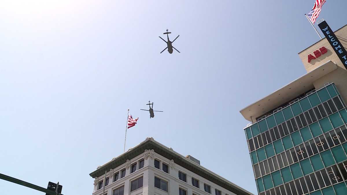 Arkansas National Guard Blackhawks fly over Fort Smith and River Valley