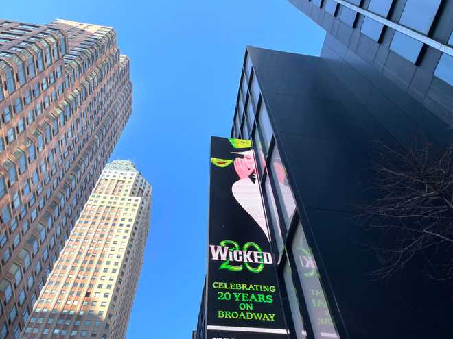 A sign for the musical Wicked on Broadway in New York City, which is a story about two witches Elphaba and Glinda, based on the Wizard of Oz before Dorothy arrived. The play is in its 20th year run on Broadway. (Photo by: Deb Cohn-Orbach/UCG/Universal Images Group via Getty Images)