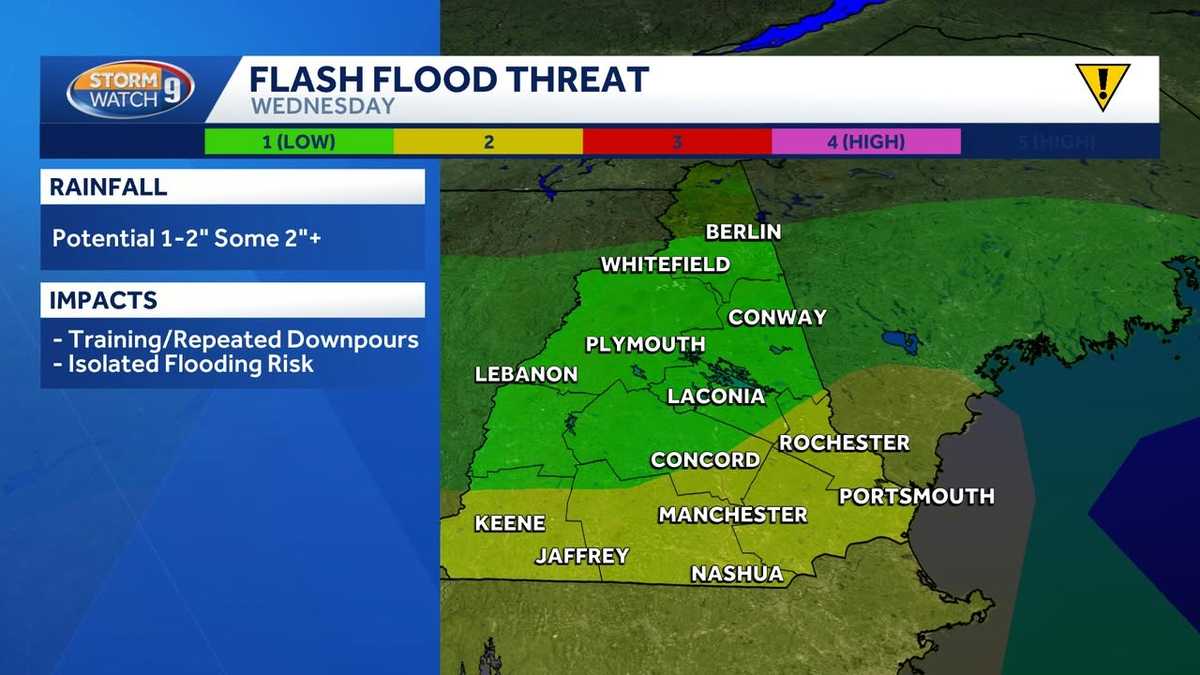 A weather map shades southern New Hampshire for elevated flash-flood risk.