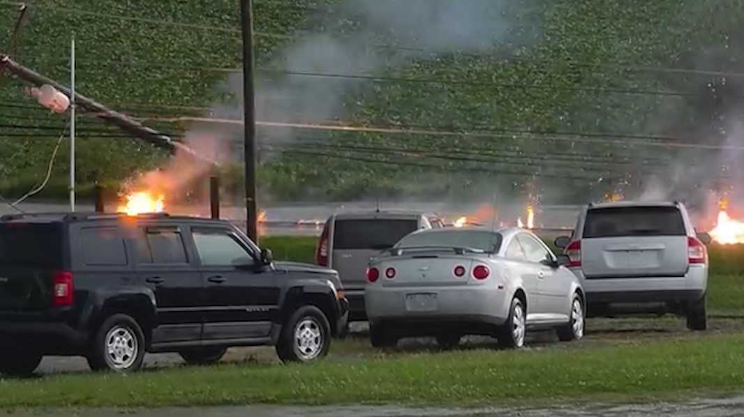 Downed power lines spark flames near Westmoreland County tire shop after storms