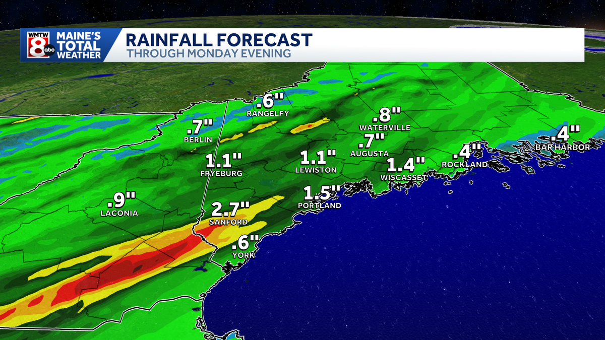 Heavy downpours in Maine with a few thunderstorms