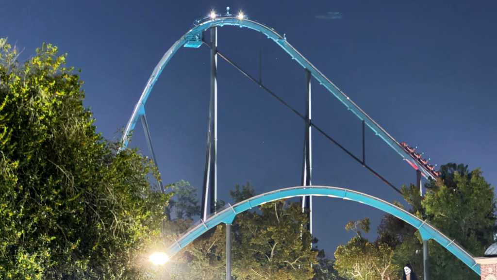 A roller coaster is shown at Six Flags over Georgia on Monday, Oct. 12, 2026 in Austell, Ga. (AP Photo/Emilie Megnien)