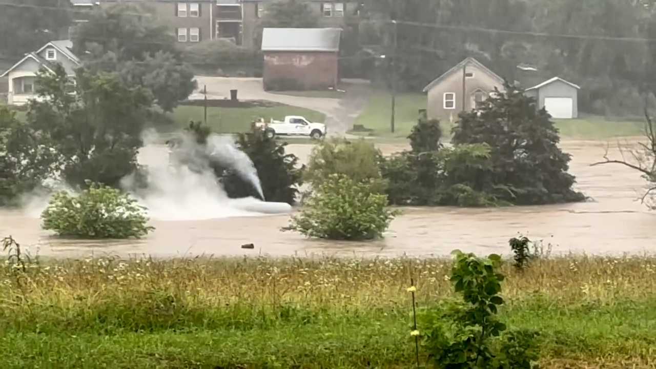 VIDEO: Violently leaking propane tank causes wild spectacle in Indiana floodwaters