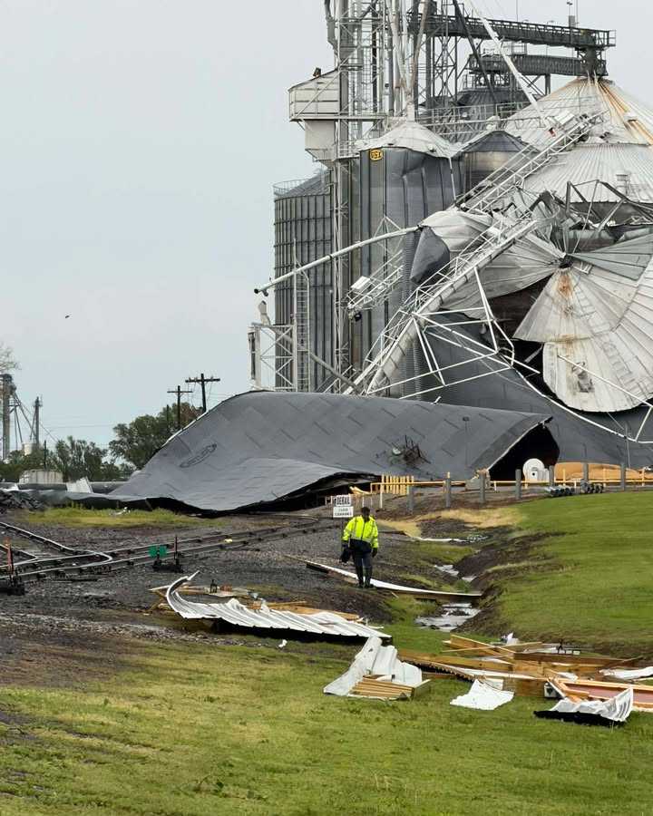 Damage is shown in Slater, Missouri, after tornado-warned storms on April 27, 2026.