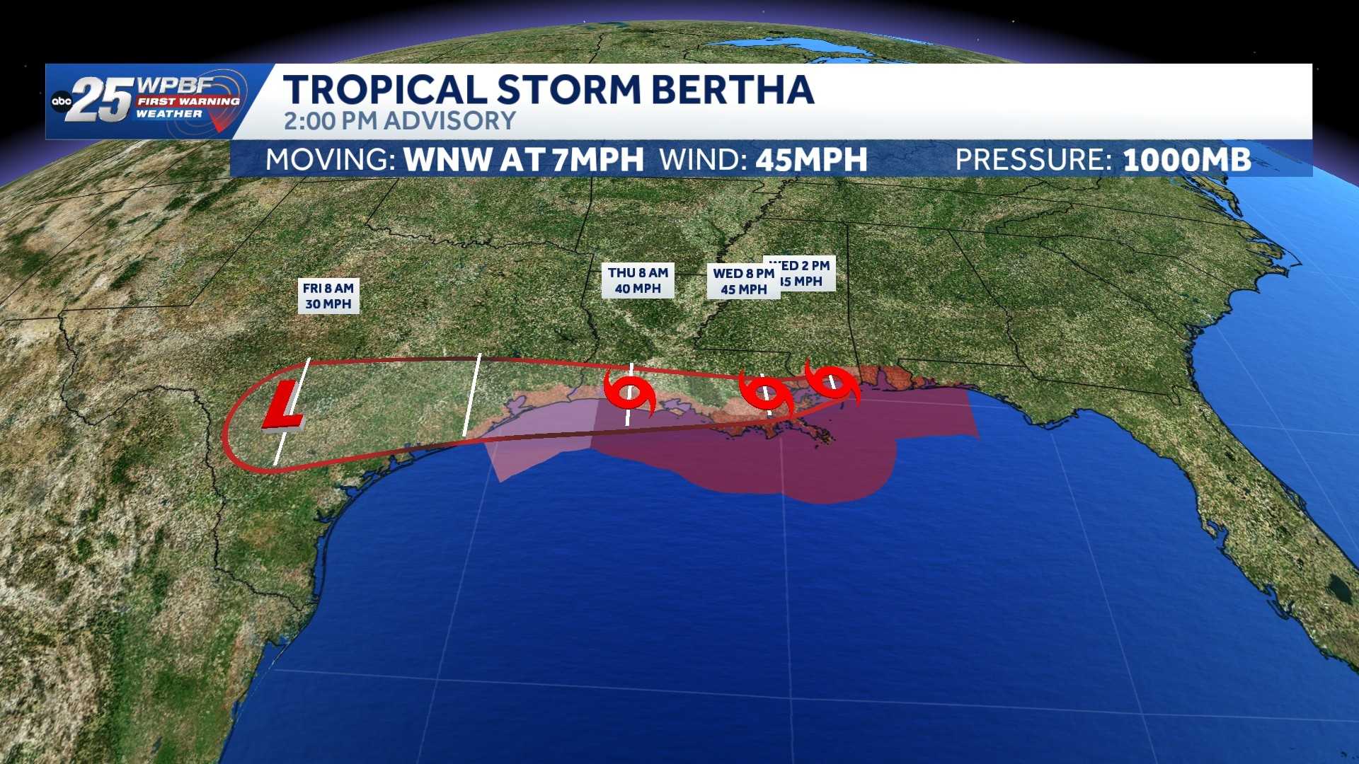 Tropical Storm Bertha makes landfall in Louisiana, bringing 45 mph winds and heavy rain