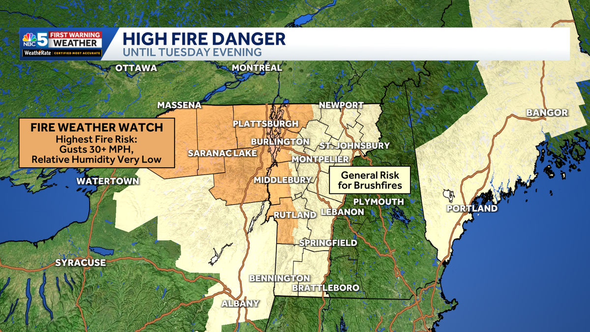 Alerts issued as fire danger reaches critical levels Tuesday in parts of New York, Vermont