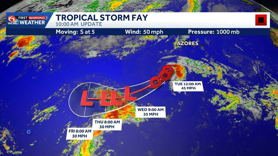 Tropical Storm Fay weakens over northern Atlantic
