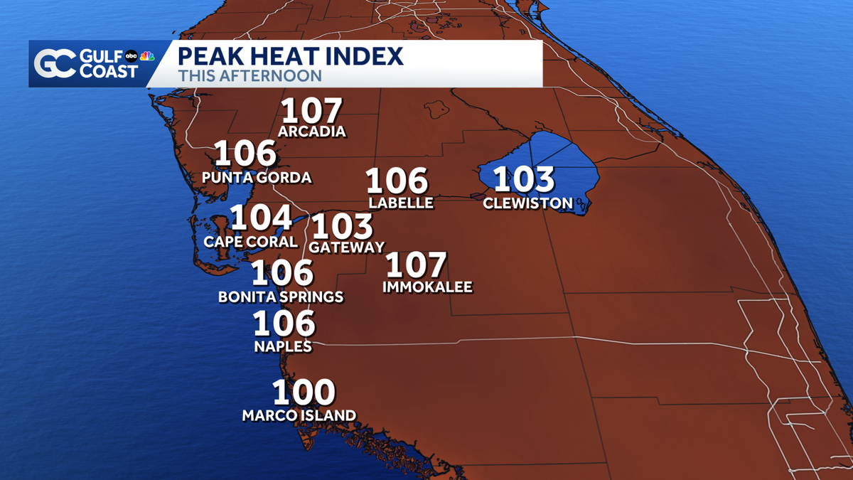 Heat index climbs past 105 for Florida's Gulf Coast as scattered storms target inland areas