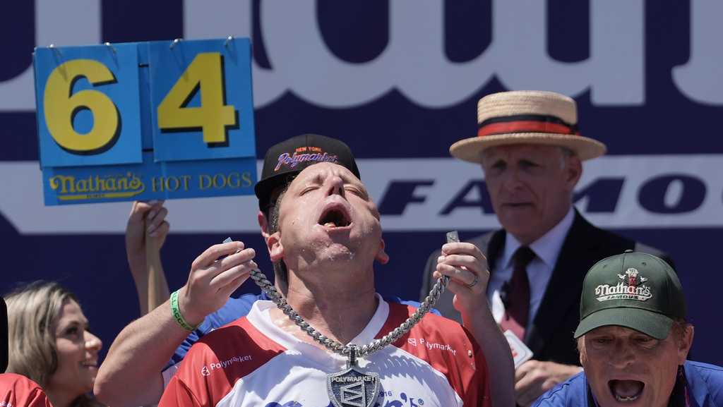 Joey Chestnut eats 66 hot dogs to again claim Mustard Belt at Nathan's Famous contest
