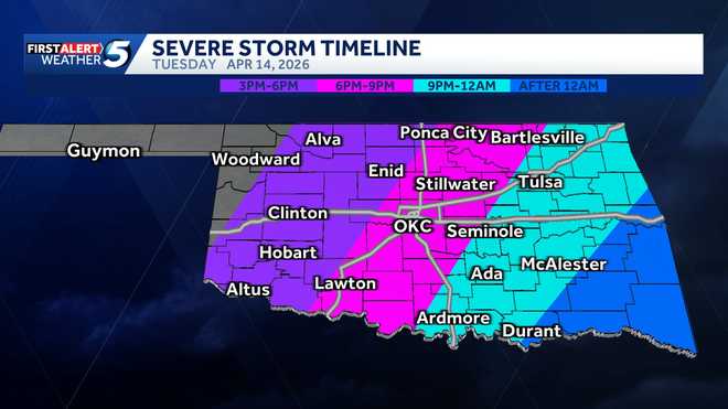 April 14, 2026, Oklahoma storm timeline