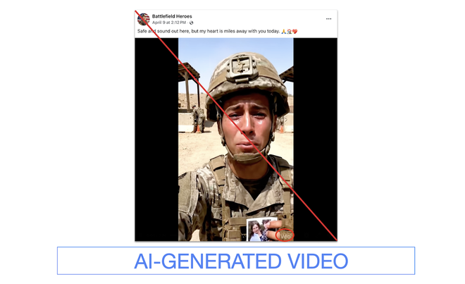 Screenshot from Facebook of an AI-generated video of a soldier crying.﻿