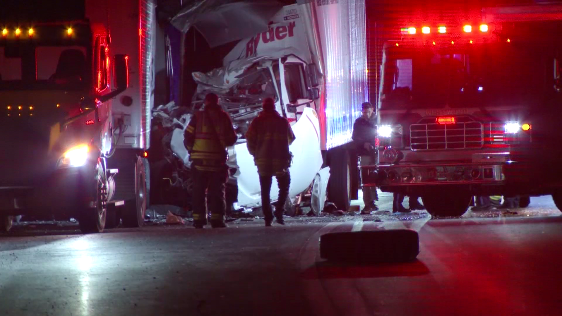 Route 128 travel lanes blocked after 2 trucks collide in Westwood
