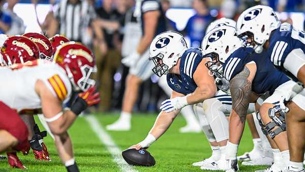 PROVO, UT - OCTOBER 09: The BYU offense lines up before a play during a game between the Iowa State Cyclones and BYU Cougars on October 9, 2026, at LaVell Edwards Stadium in Provo, Utah.  (Photo by Boyd Ivey/Icon Sportswire via Getty Images)