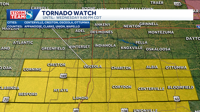 A tornado watch is in effect through 9 p.m. Wednesday for 13 southern Iowa counties. a tornado watch is in effect through 9 p.m. wednesday for 13 southern iowa counties.