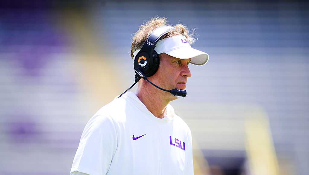 BATON ROUGE, LOUISIANA - AUGUST 22: Head coach Lane Kiffin of the LSU Tigers in action during fall practice at Tiger Stadium