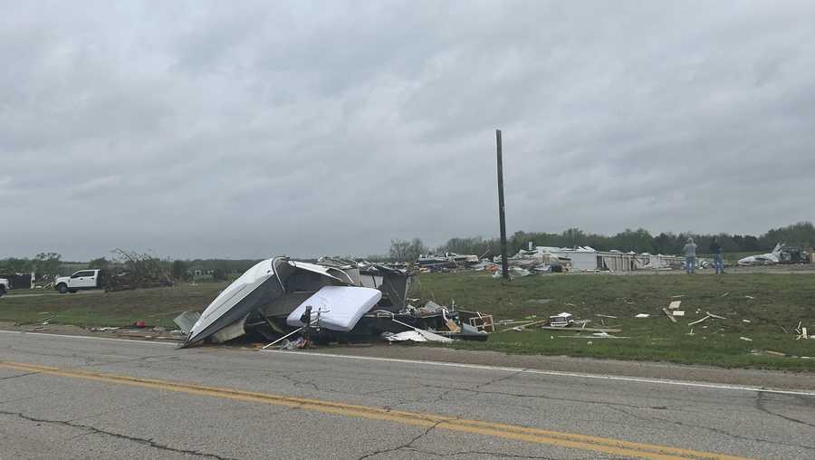 Damage is seen in Hillsdale, Kansas, after tornado-warned storms on April 13, 2026.
