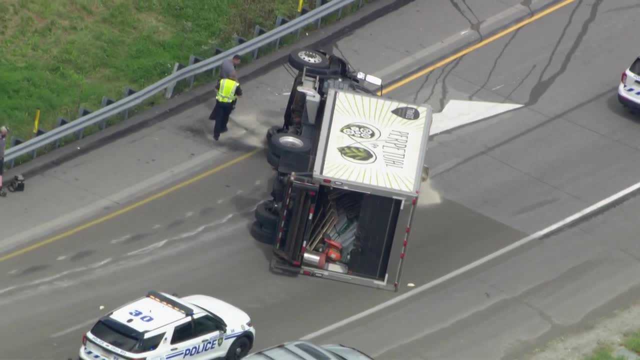 Shoulder Ramp Troegs beer truck crashes, overturns on Parkway East ramp - WTAE