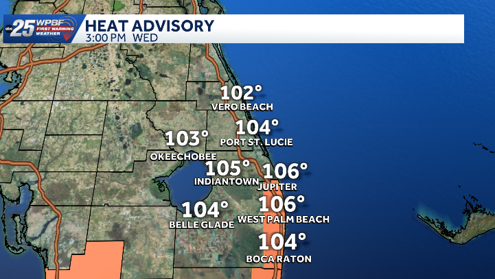 Heat advisory for Palm Beach County with feels-like temps near 108