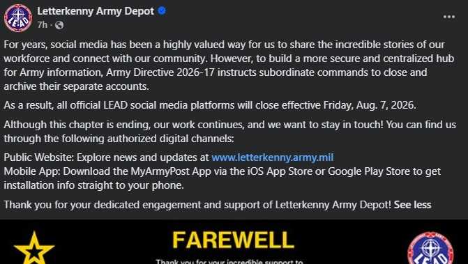 Letterkenny Army Depot to close social media accounts under Army directive